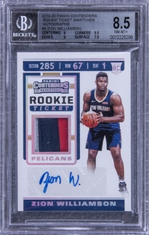2019-20 Panini Contenders "Rookie Ticket Swatches Autographs" #8 Zion Williamson Signed Patch Rookie Card (#05/10) – BGS NM-MT+ 8.5/BGS 10
